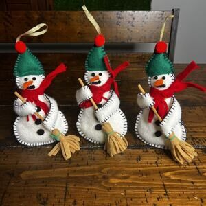 Vtg. Stuffed Christmas Snowman with Broom 10" Ornaments Set If 3